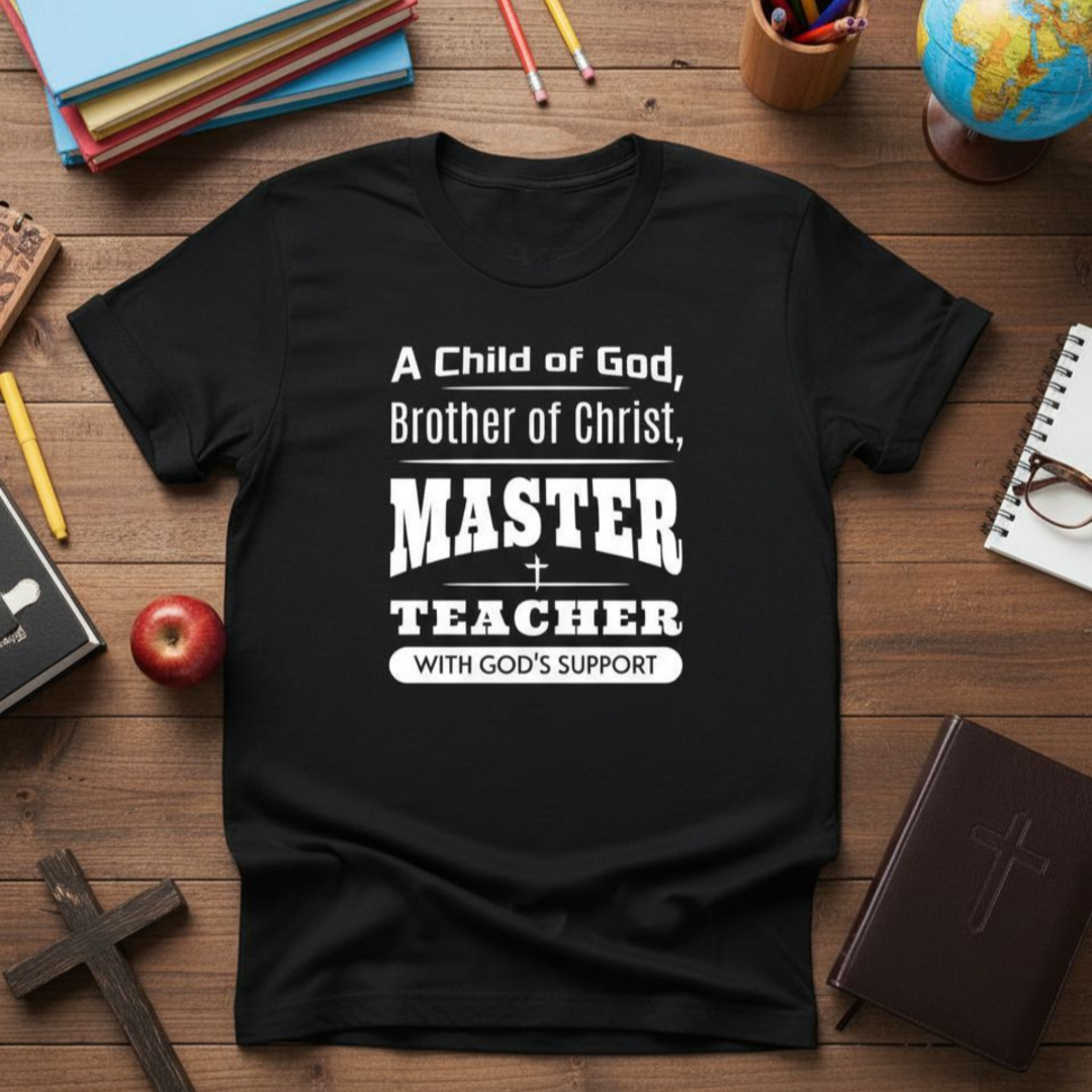 Black t-shirt with motivational quote on a wooden surface with educational items