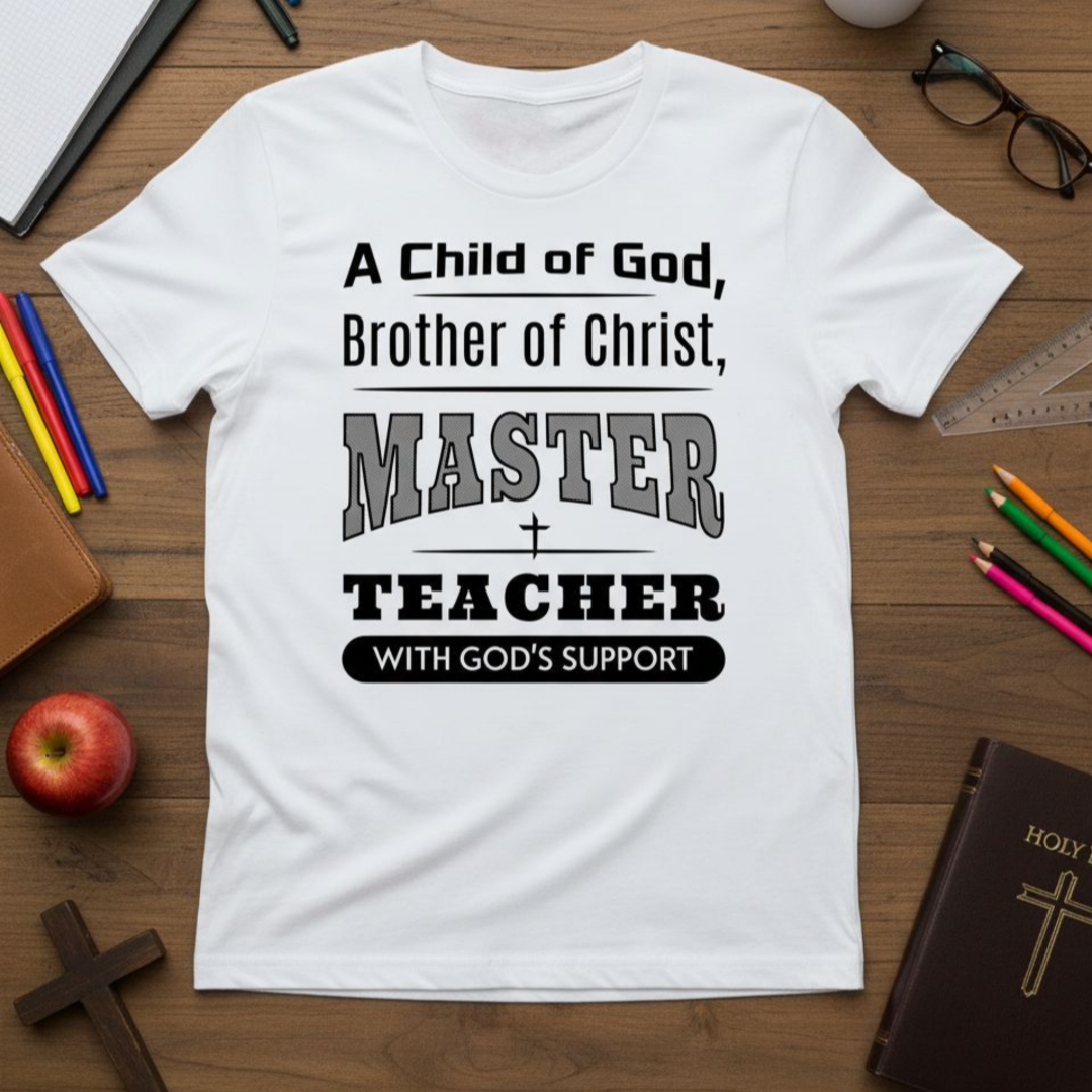 White t-shirt with motivational quote on a wooden surface with educational items.