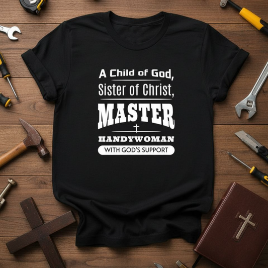 Black t-shirt with white text on a wooden background with tools and religious items.