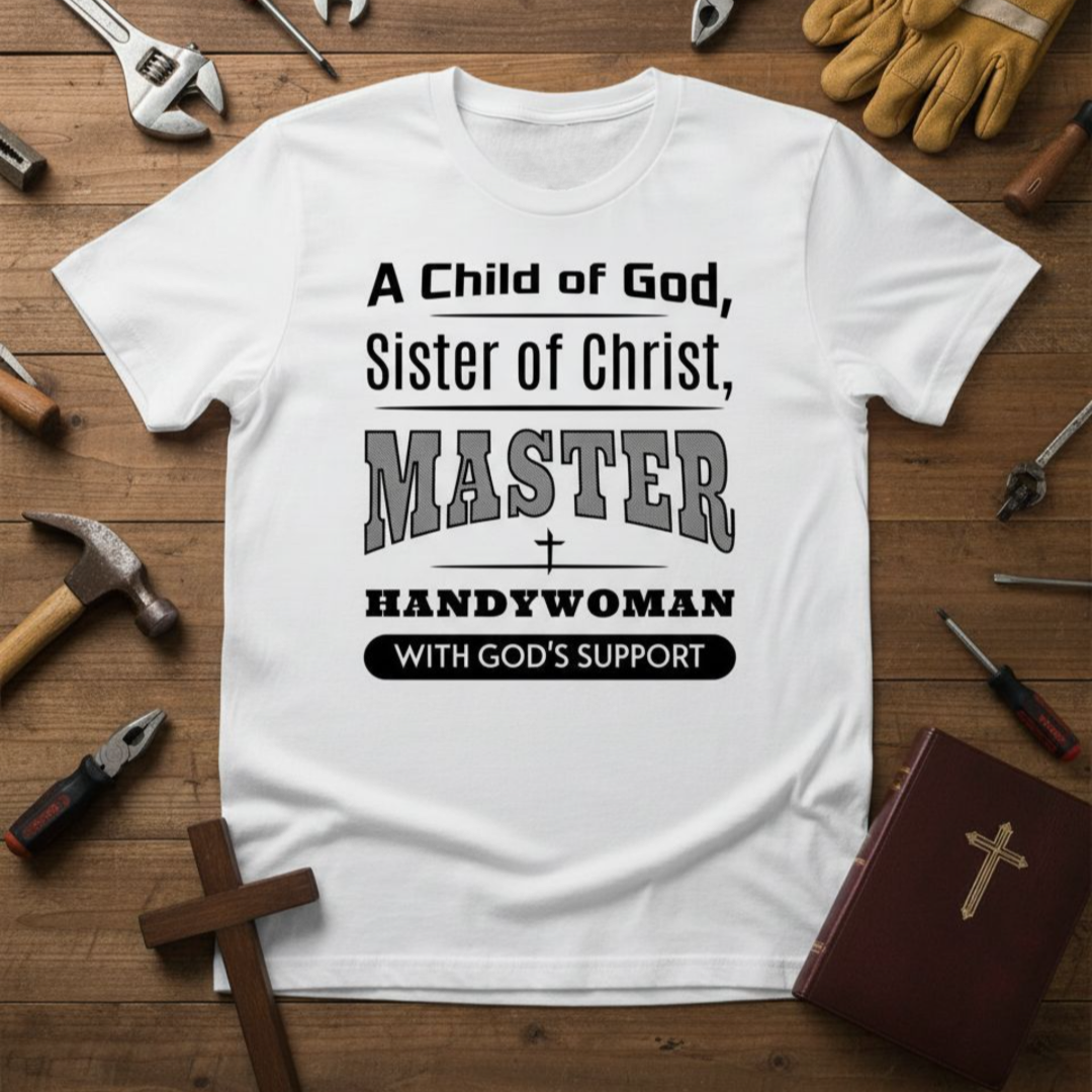 White t-shirt with text on a wooden background with tools and a cross.