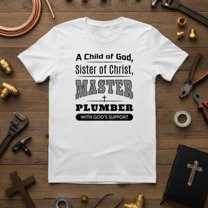 White t-shirt with text on a wooden background with plumbing tools