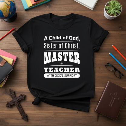 Black t-shirt with motivational quote on a wooden surface with educational items.