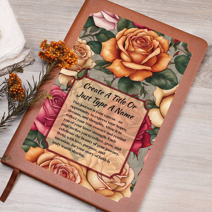 Notebook with a floral design on the cover, featuring text, orange, and purple irises.