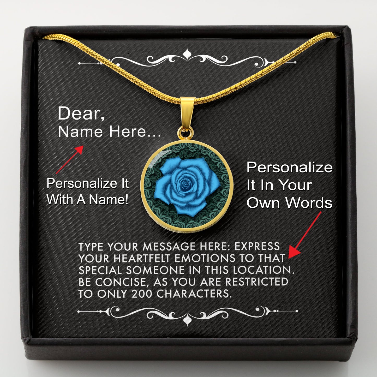 Gold necklace with a blue rose pendant in a box with a message card that can be personalized.