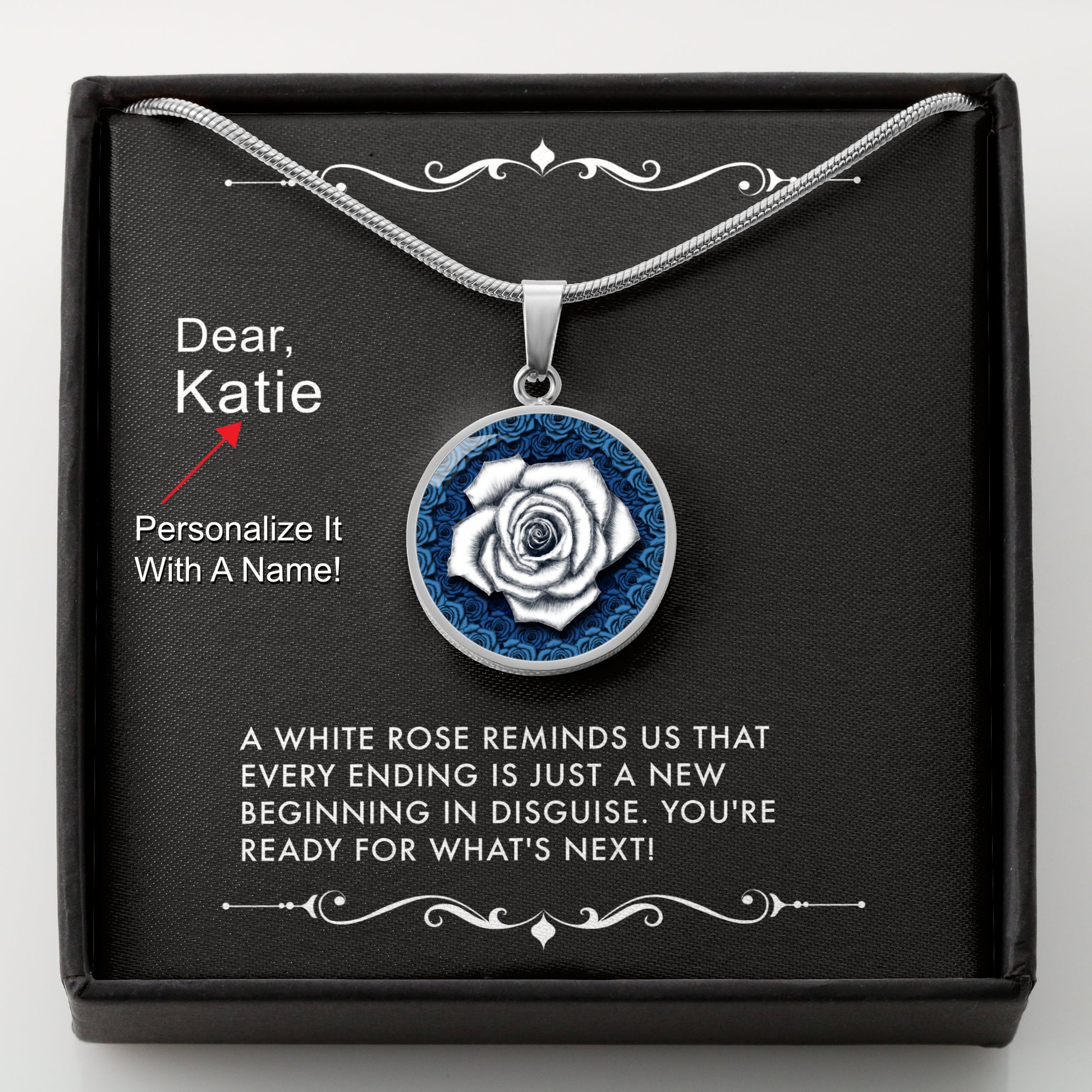 Silver necklace with a white rose pendant in a box with a message card that can be personalized.
