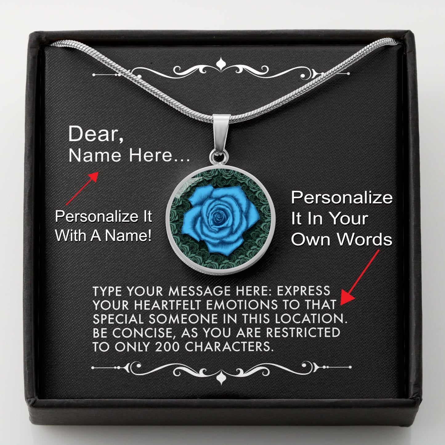 Silver necklace with a blue rose pendant in a box with a message card that can be personalized.