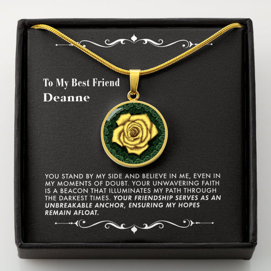 Necklace with a yellow rose pendant in a black gift box with a message card.