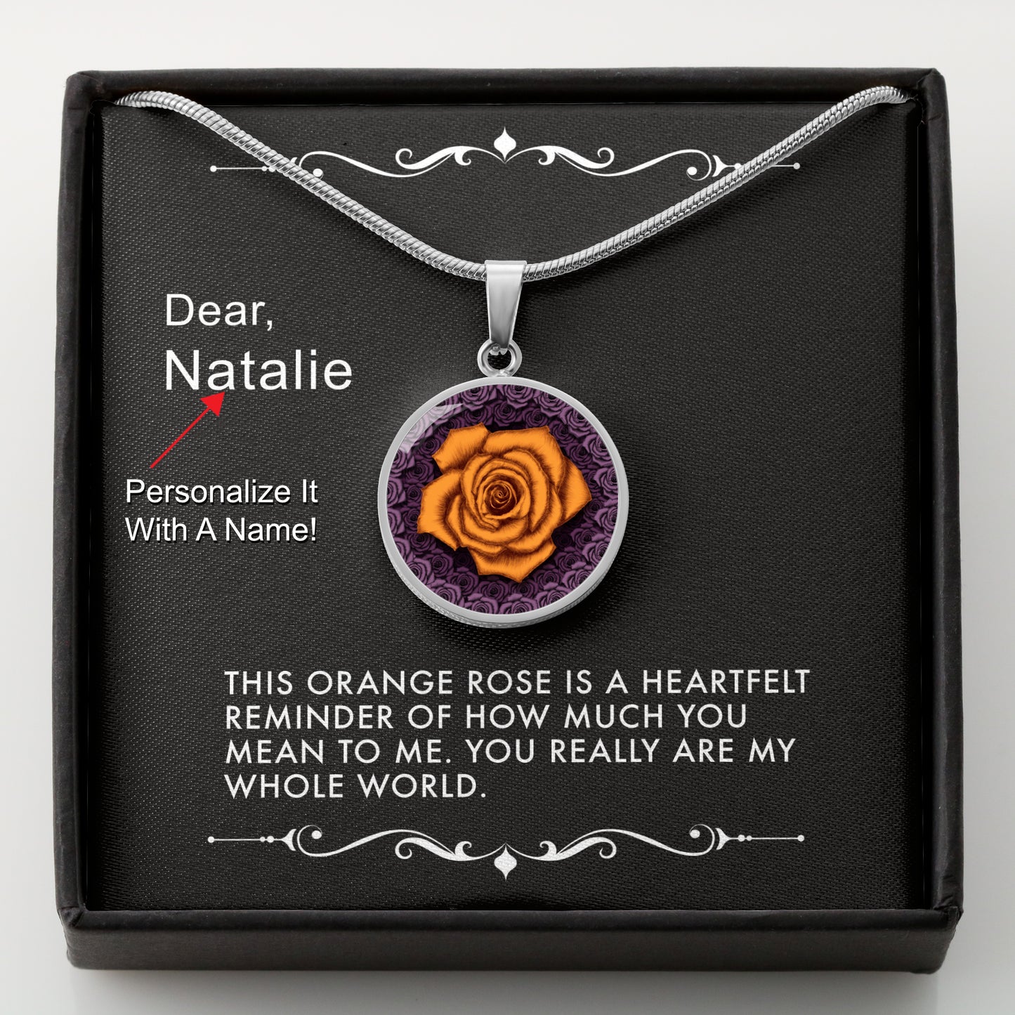 Silver necklace with an orange rose pendant in a box with a message card that can be personalized.