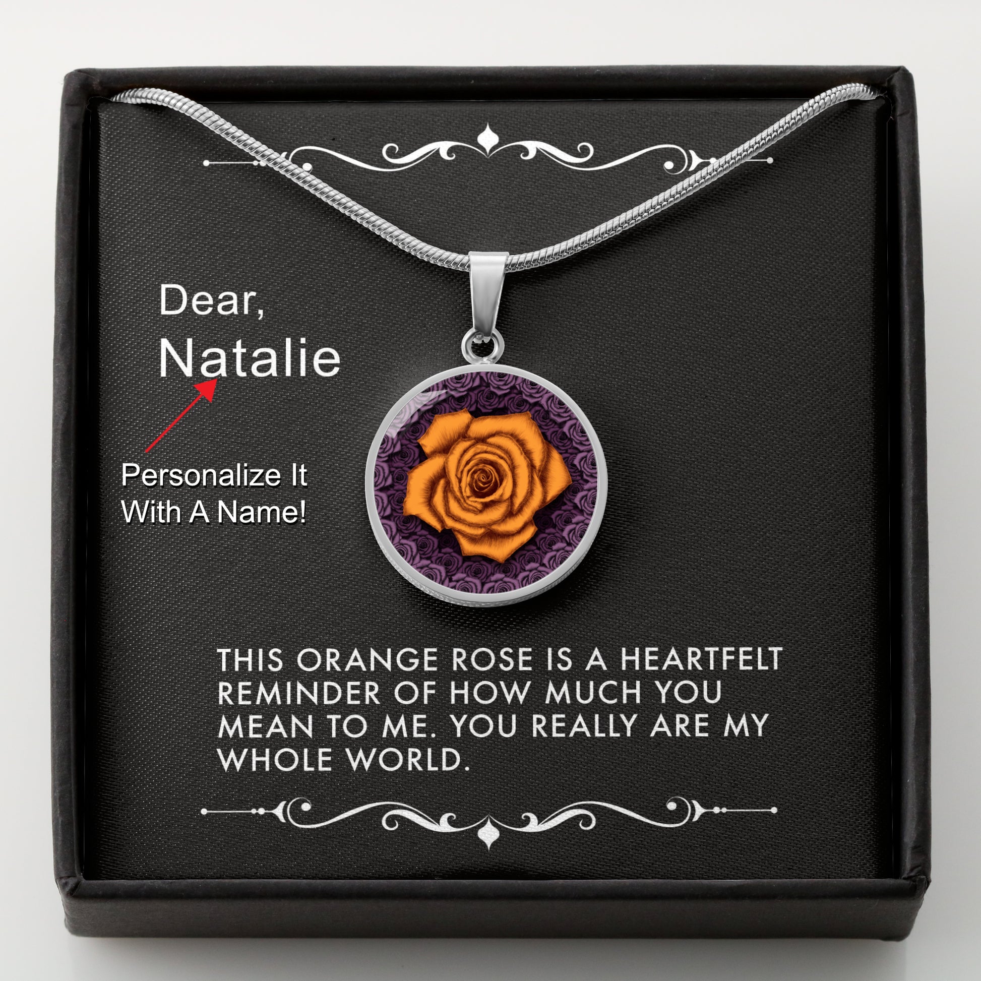 Silver necklace with an orange rose pendant in a box with a message card that can be personalized.