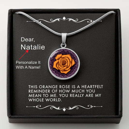 Silver necklace with an orange rose pendant in a box with a message card that can be personalized.
