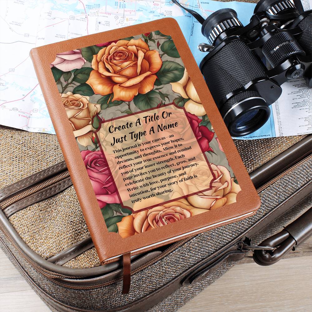 Vegan leather journal with a floral design on the cover, featuring text, orange, and pink roses.