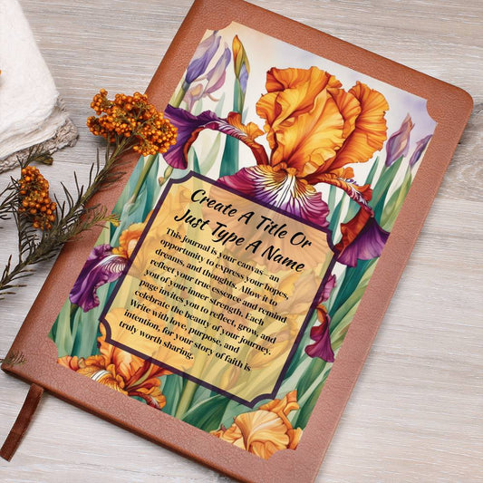 Journal with floral design and text on a wooden surface