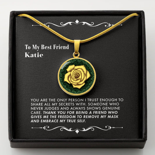 Necklace with a yellow rose pendant in a black gift box with a message card.
