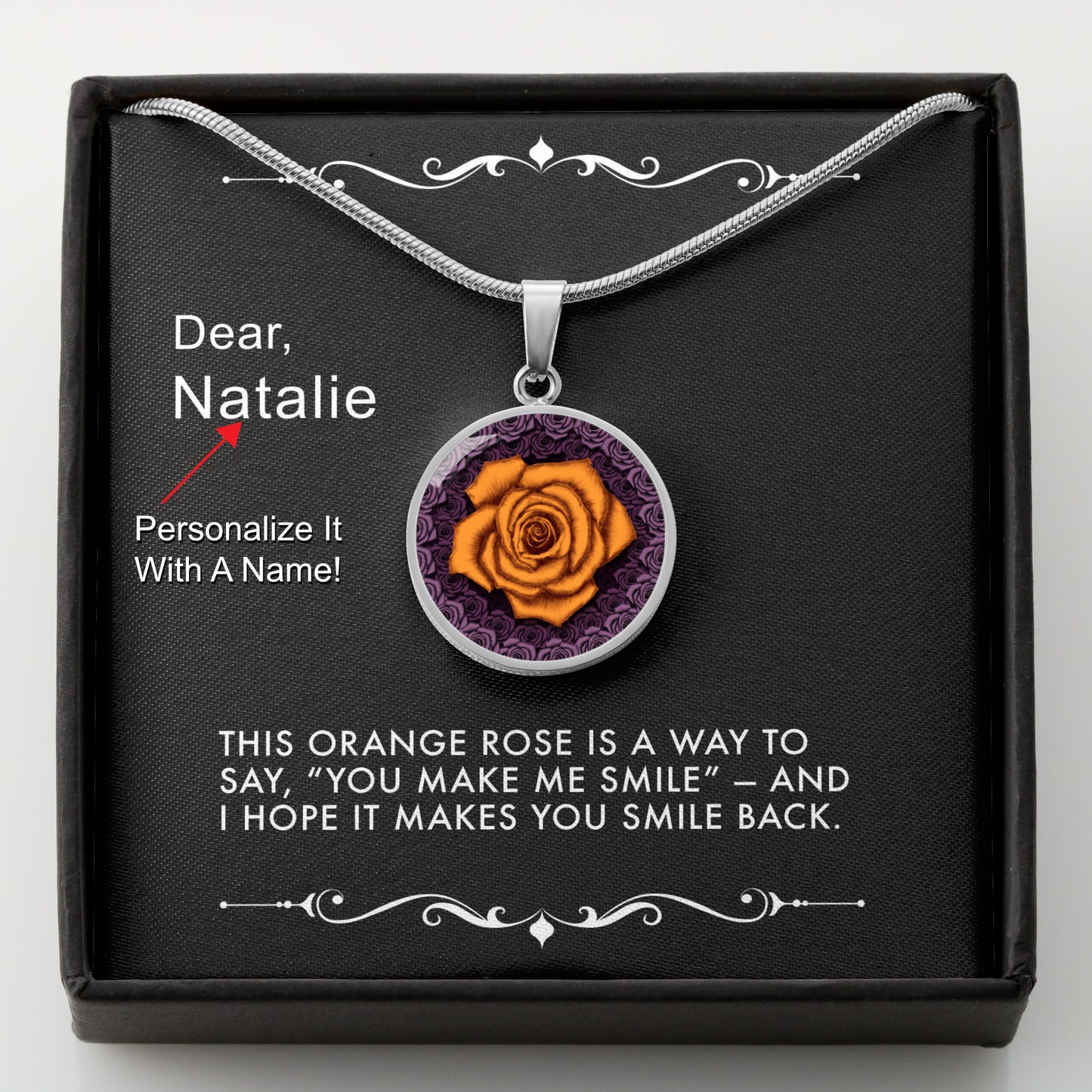 Silver necklace with an orange rose pendant in a box with a message card that can be personalized.