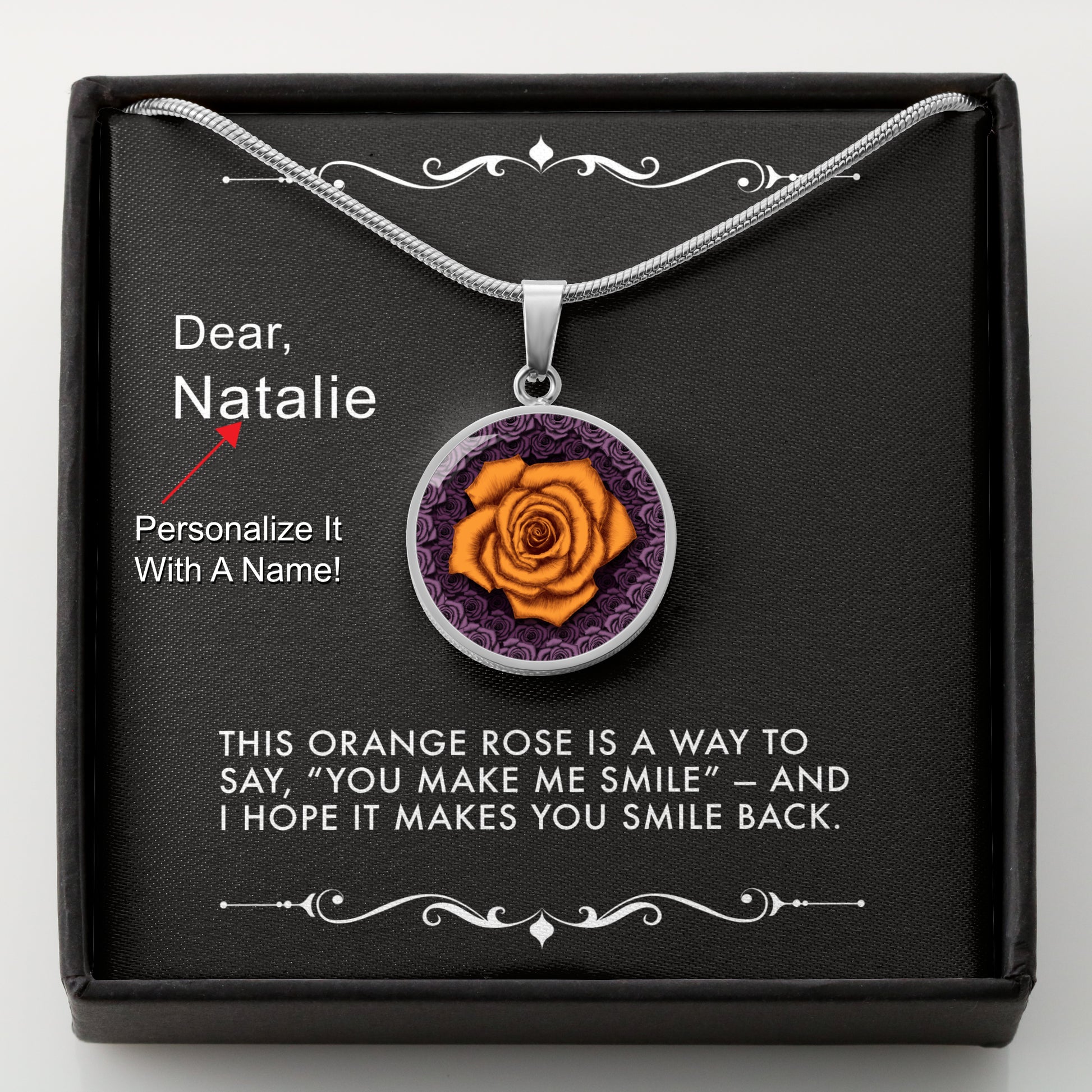 Silver necklace with an orange rose pendant in a box with a message card that can be personalized.