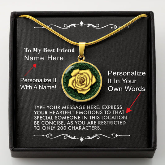 Necklace with a yellow rose pendant in a black gift box with a message card.