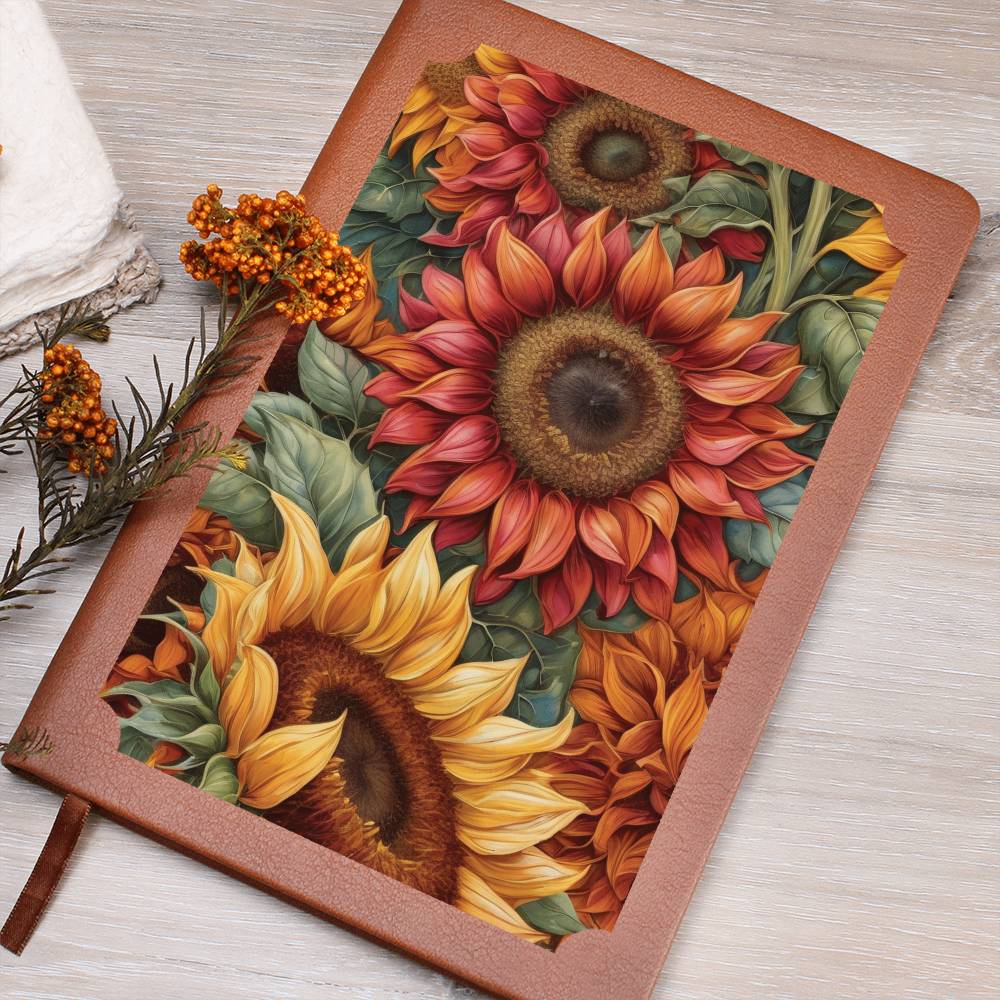  Vegan leather journal with sunflowers design on a wooden surface.