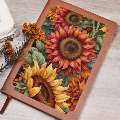  Vegan leather journal with sunflowers design on a wooden surface.