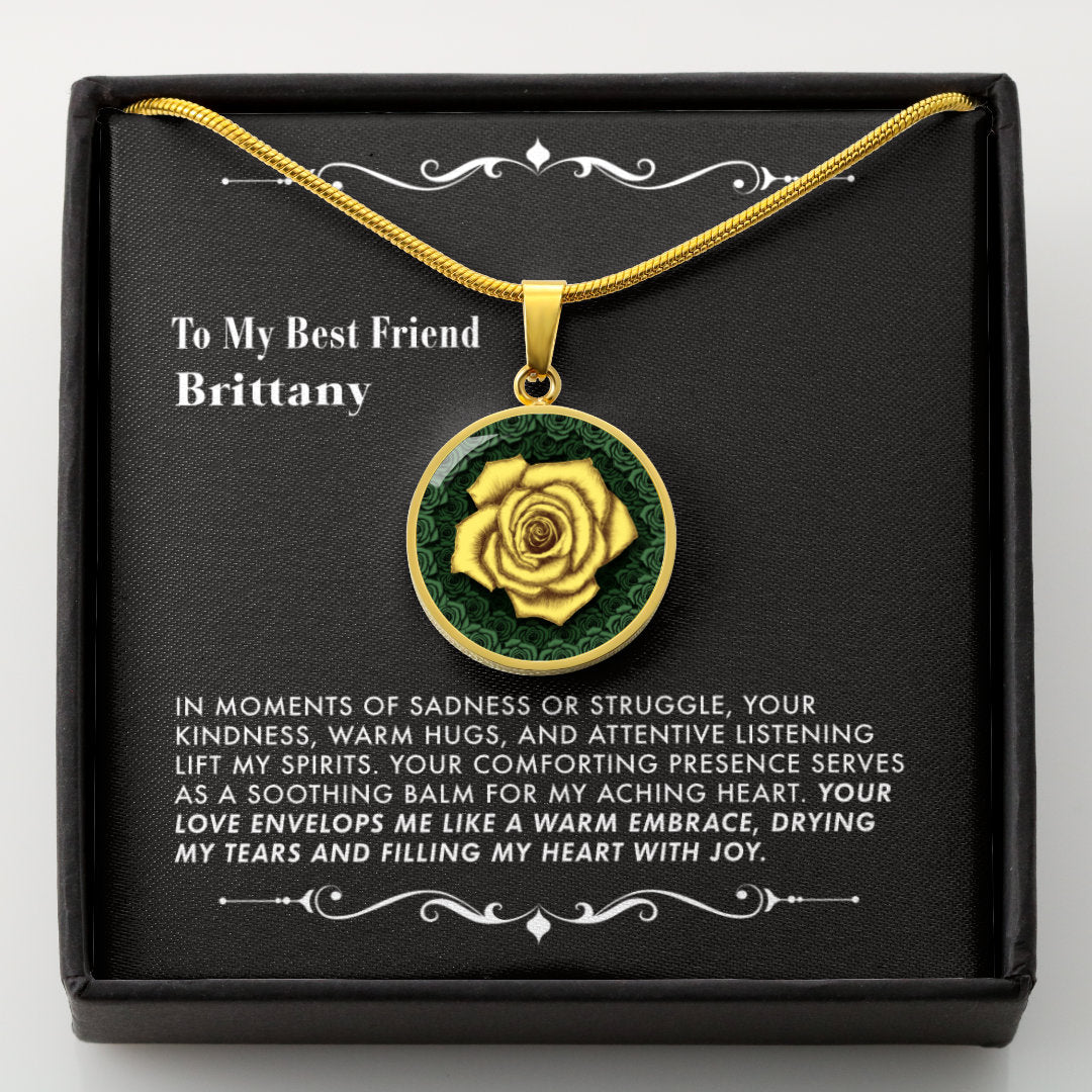 Necklace with a yellow rose pendant in a black gift box with a message card.