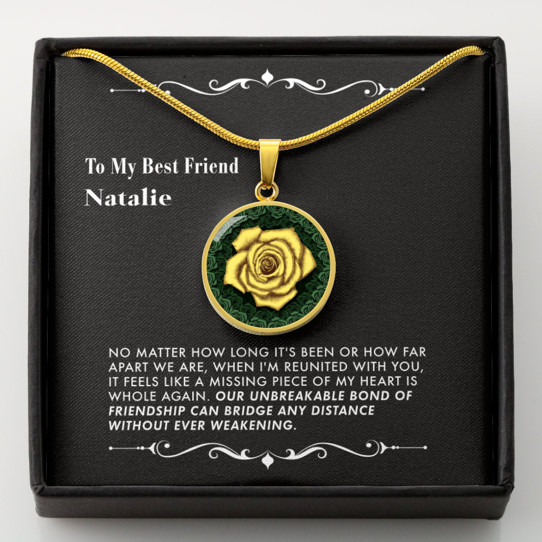 Necklace with a yellow rose pendant in a black gift box with a message card.