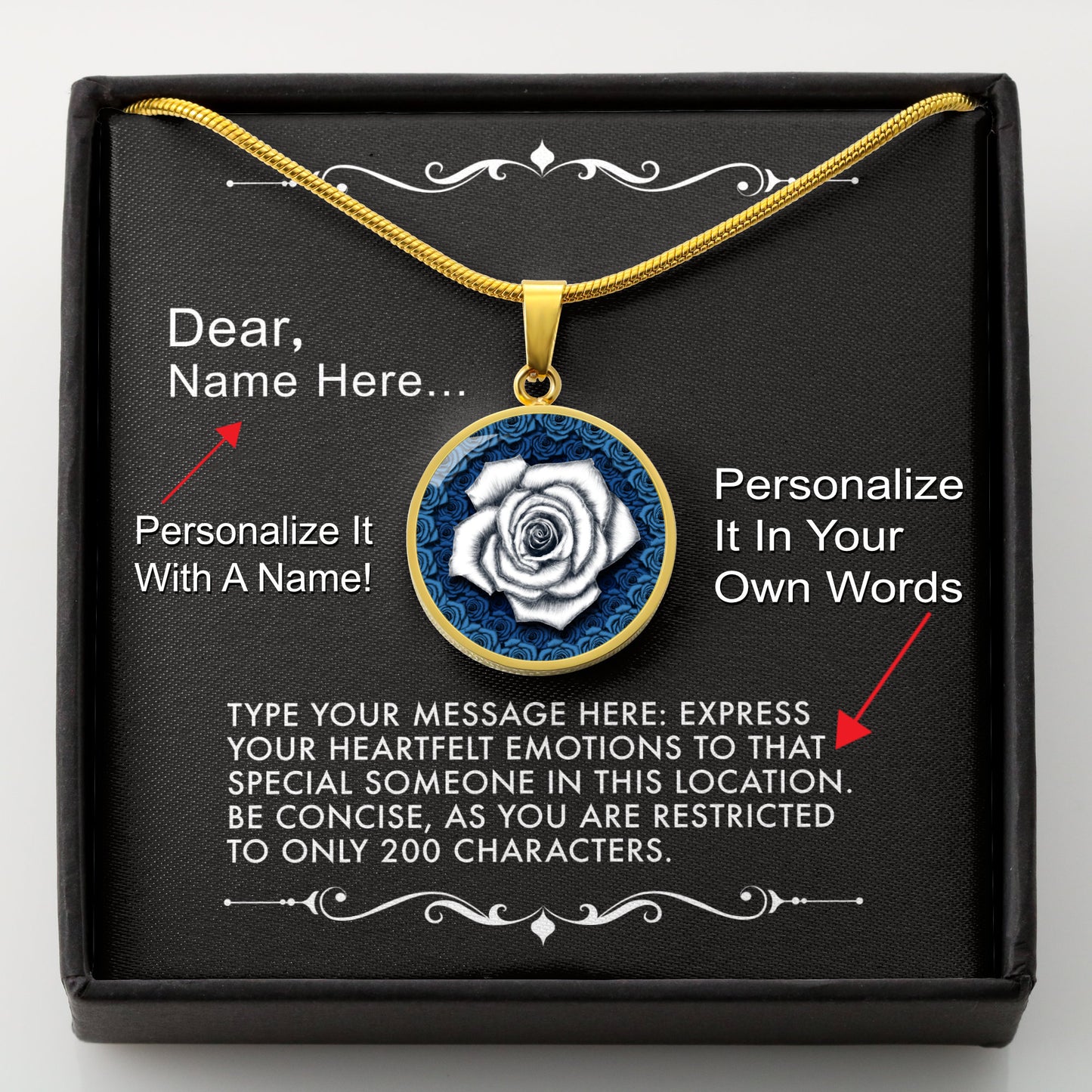 Gold necklace with a white rose pendant in a box with a message card that can be personalized.