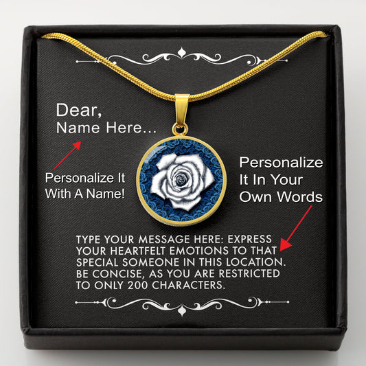 Gold necklace with a white rose pendant in a box with a message card that can be personalized.