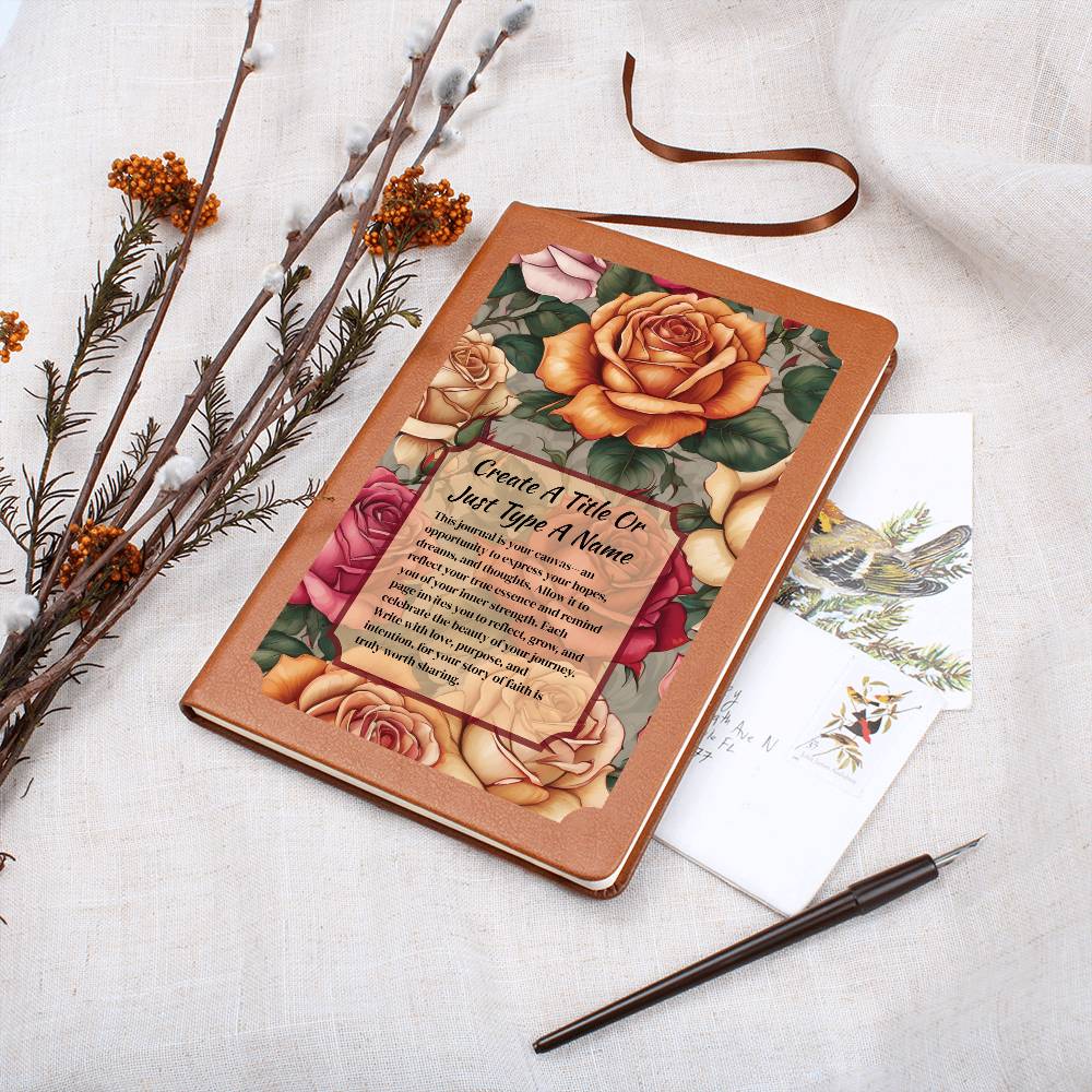 Vegan leather journal with a floral design on the cover, featuring text, orange, and pink roses.