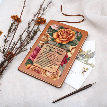 Vegan leather journal with a floral design on the cover, featuring text, orange, and pink roses.