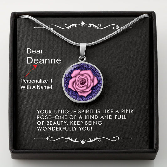 Silver necklace with a pink rose pendant in a box with a message card that can be personalized.